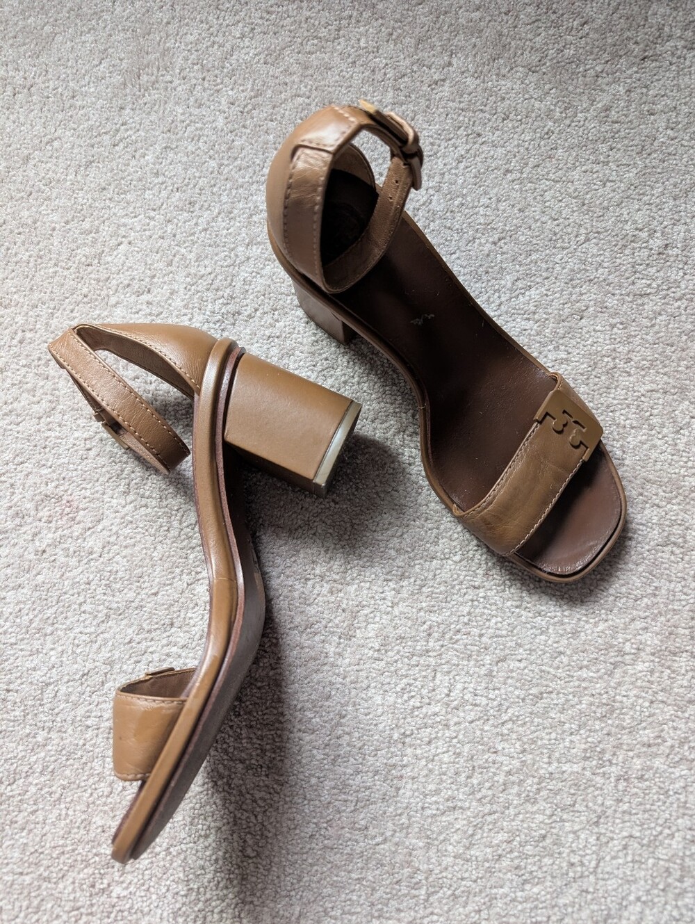 Tory Burch Leather Logo Monogram Heels Sandals